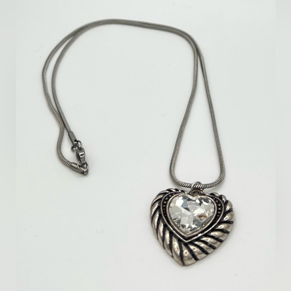 Stainless Steel Heart Pendant Necklace with Clear Crystal Accent
